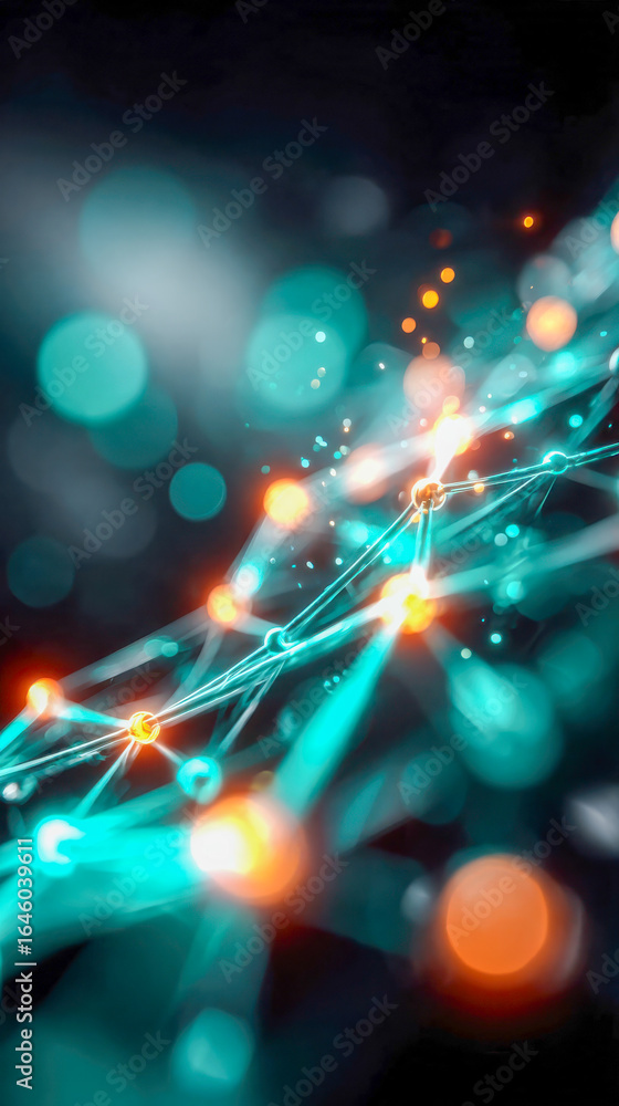Poster digital visualization of a glowing turquoise and red neural network with connected nodes on dark bac