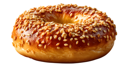 Golden sesame seed bagel with a glossy crust, perfect for breakfast, brunch, or a delicious snack anytime. Isolated to Transparent Background
