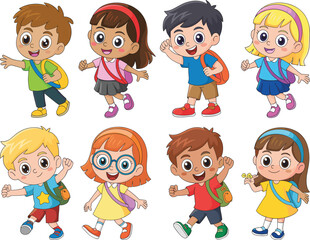 PrintHappy kids walking to school, diverse children with backpacks, smiling children, group of kids, elementary school kids, cheerful friends, 