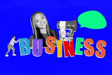 Art sketch image vertical collage of happy boss businesswoman hold megaphone promote workload...