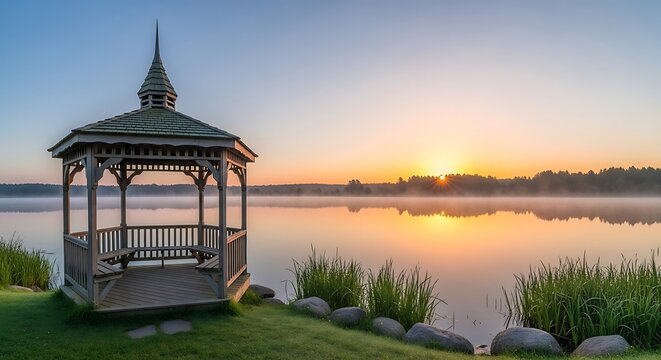  a tranquil sunrise over a misty lake with a gazebo in the foreground, reflecting the serene beauty of nature and creating a peaceful atmosphere
