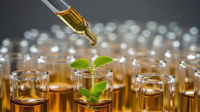 Botanical extract testing green seedling experiment in glass test tubes