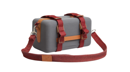 Small grey and red camera bag, the perfect travel companion for photographers compact