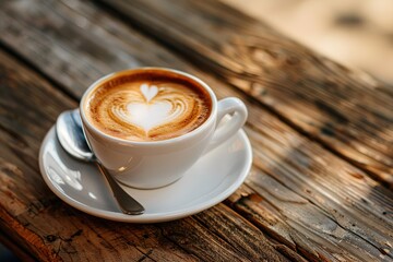 Latte art coffee cup wooden table