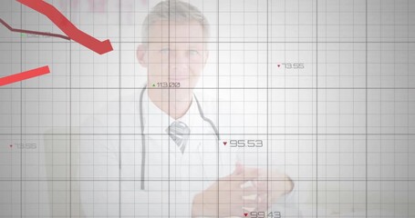 Doctor centering on grid triggers red line graphs descending to show health trend decline - Powered by Adobe