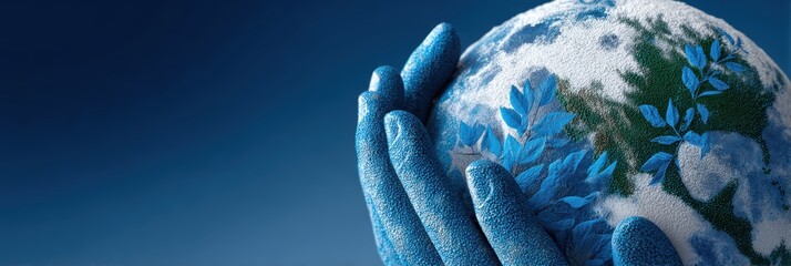 global charity campaign, website banner featuring a flat design of a blue and white illustrated globe held by human hands with a campaign slogan on top bar