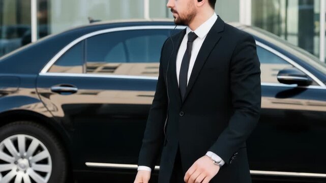 A professional bodyguard in a dark suit and tie stands alert with arms crossed in front of a black luxury car