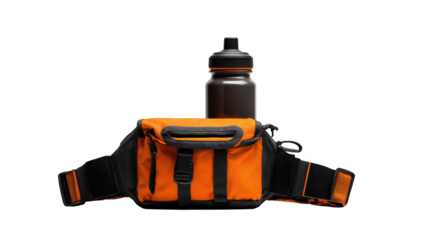 Hydration on the go, durable orange water bottle with convenient black carrying strap