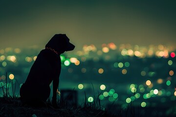 Lonely dog silhouetted against city lights