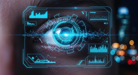 Futuristic digital interface overlaying human eye with data visualizations