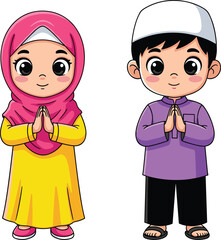 PrintMuslim cartoon kids, Islamic boy and girl, greeting pose, traditional clothes, Ramadan children, cute illustration, cultural attire, Islamic cartoon characters