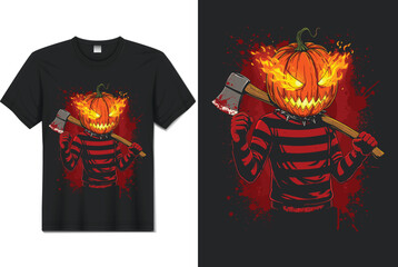 Flaming Jack‑O‑Lantern Pumpkin Head with Bloody Axe &ndash; Horror Halloween T‑Shirt Vector