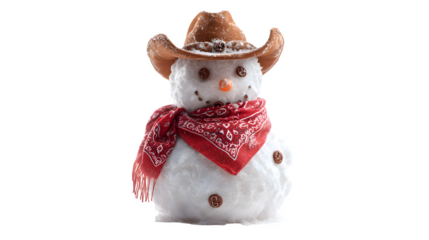 Charming snowman wearing a cowboy hat and red bandana, ready for winter fun