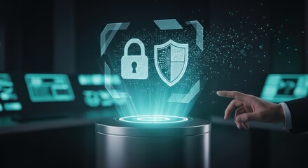 Cyber Security Concept: Digital Lock and Shield Hologram.