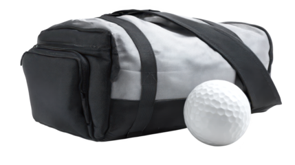 Golf ball and bag on black, essential equipment for the perfect game golf