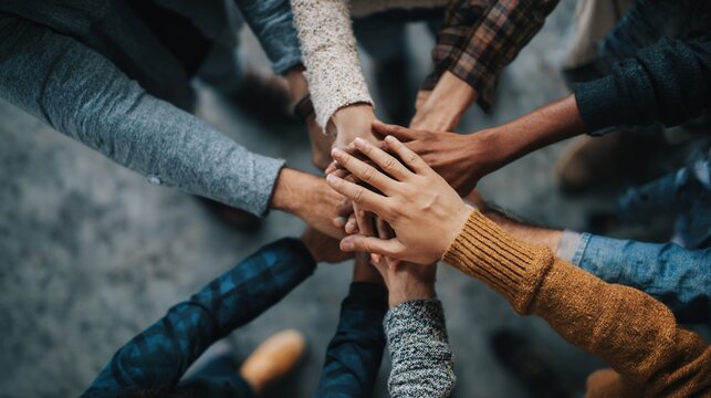 Group of diverse people doing a high five in a building, promoting teamwork and collaboration
