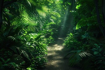 Fototapeta premium Lush tropical jungle path sunlight
