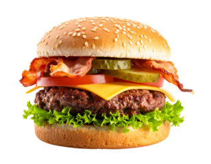 Angled View of Gourmet Burger with Crispy Bacon and Pickles, Isolated on White Background