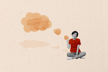3d full banner art pop image collage of happy girl sit bubble communication icon dialogue phrase conversation speech chatterbox