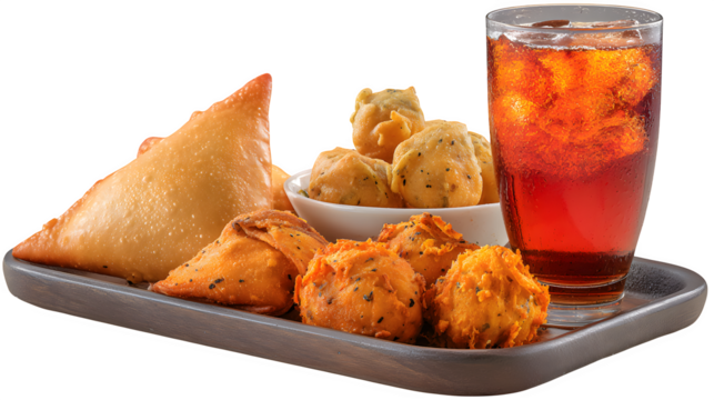 Crispy samosas and pakoras with refreshing iced tea, a perfect snack combo for any occasion.