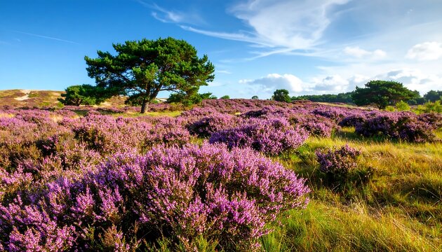 Lush purple heath field with pine tree