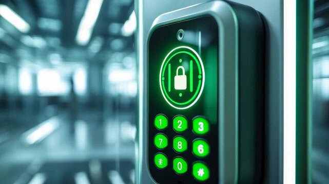 Close-up of modern electronic door lock with illuminated green keypad and digital padlock icon in secure access control system

