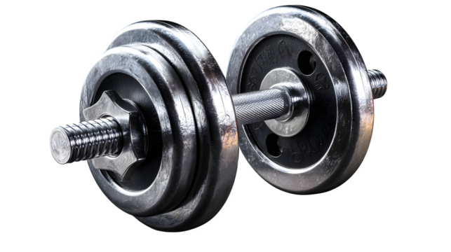 Professional chrome dumbbell with weight plates ready for intense strength training and fitness goals, inspiring healthy lifestyle. Isolated to Transparent Background