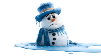 Melting snowman with sad expression and blue hat, symbolizing climate change awareness and winter's end.