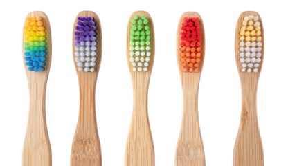 Sustainable oral hygiene, a row of colorful wooden toothbrushes for ecoconscious cleaning