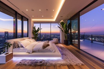 Luxury penthouse bedroom sunset city view