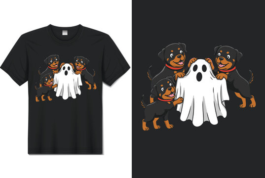 Funny Rottweiler Puppies with Ghost Costume Halloween T‑Shirt Design Vector

