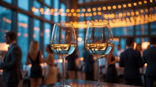 Elegant evening event with two glasses of white wine in focus against blurred background of people mingling under warm string lights

