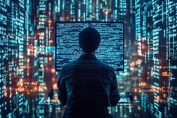 Fototapeta premium A person viewed from the back sits in front of a computer screen filled with digital code and data