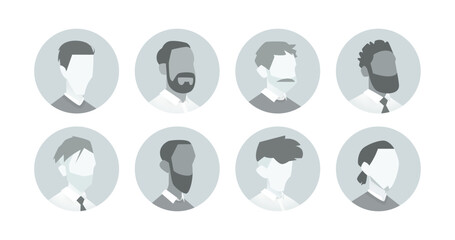 Vector set of diverse male business avatar placeholders in circular frames, without facial features. Includes various hairstyles, beards, and ethnic types for profile or app use.