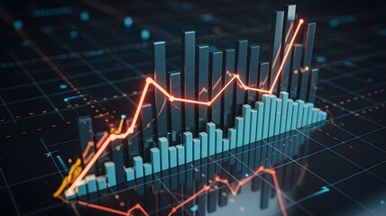 Dynamic 3d bar chart with a glowing red line graph showing upward trend representing financial growth stock market performance and economic progress on a dark digital background