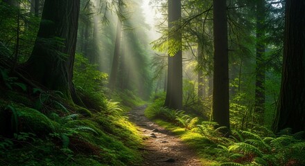 Obraz premium Mystical Sunbeams Pierce a Foggy Canopy Over a Winding Forest Path