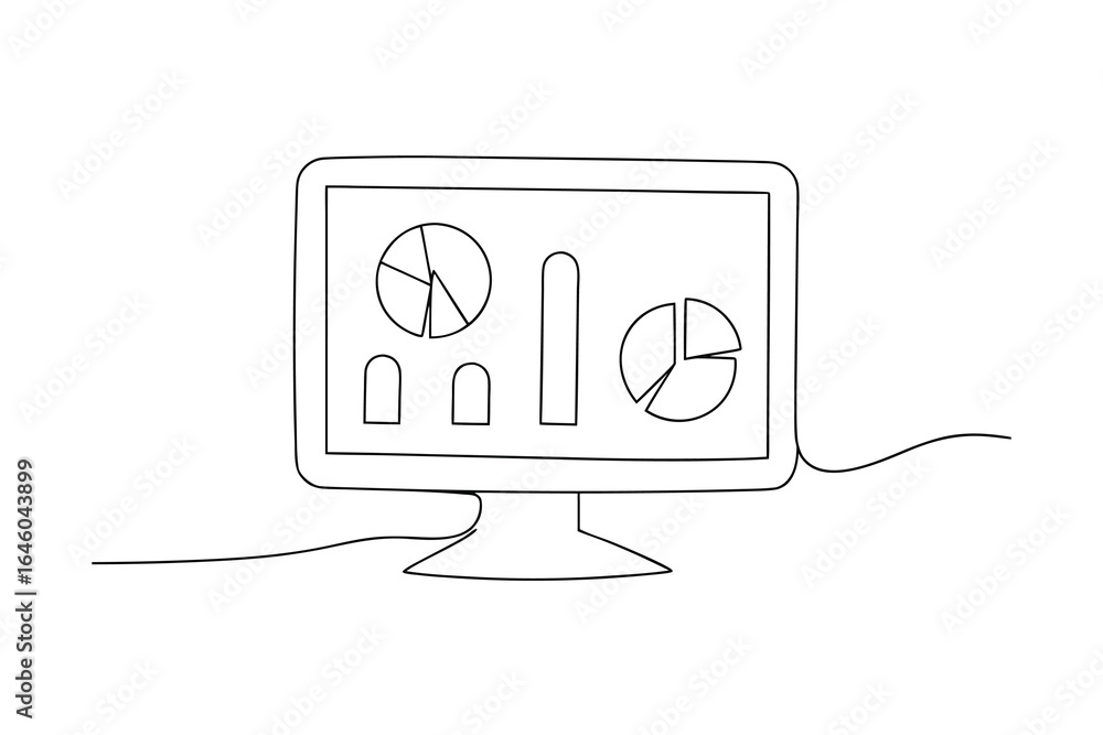 Poster computer screen displaying pie charts bar graphs with simple line art single line