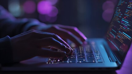 Hands typing on a laptop keyboard with code displayed on the screen in a dark blue and purple setting