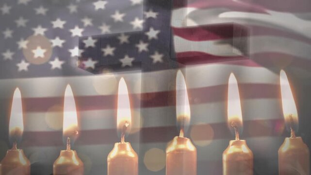 Gentle breeze starting flag waving and nine candles flickering with bokeh lights in memorial scene