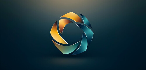 Abstract metallic logo with interlocking segments in warm and cool gradient colors on a dark background.