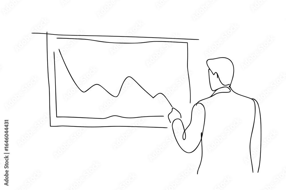Aufkleber man in suit pointing at downward trending graph whiteboard single line chart
