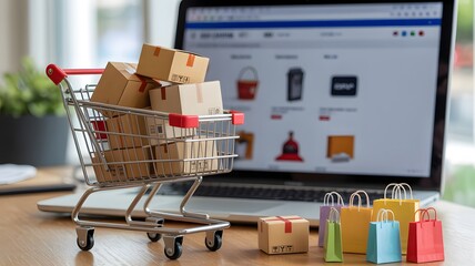 Miniature shopping cart overflowing with packages and shopping bags placed on a desk in front of a laptop displaying an online store website symbolizing e commerce and online shopping convenience