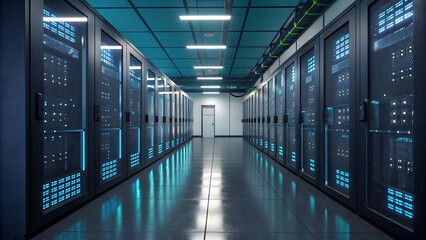 Rows of illuminated server racks in a modern data center hallway. Futuristic interior for technology and cloud computing infrastructure.