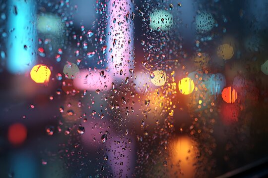 Rain drops on glass with blurred city lights creating a colorful bokeh effect at night time scene - Powered by Adobe