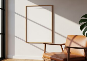 A minimalist living room interior features a blank frame and a cozy armchair with natural light.