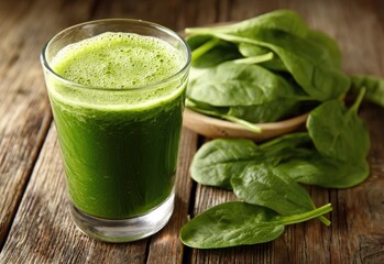 Green spinach smoothie on a rustic wooden table