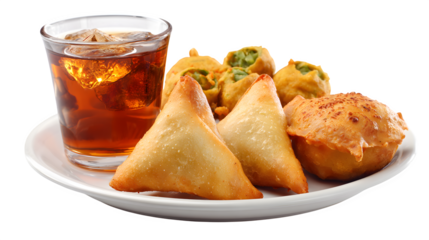 Crispy samosas and pakoras served with iced tea create a delicious snack assortment for any occasion