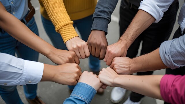 Diverse group of people with different skin tones and clothing styles joining hands in a circle symbolizing unity teamwork and connection