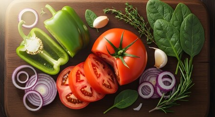 Fresh tomatoes, bell peppers, onions, spinach, and herbs on a cutting board