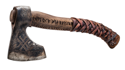 Ancient Viking battle axe with intricate rune carvings and braided leather handle, a symbol of power and heritage.